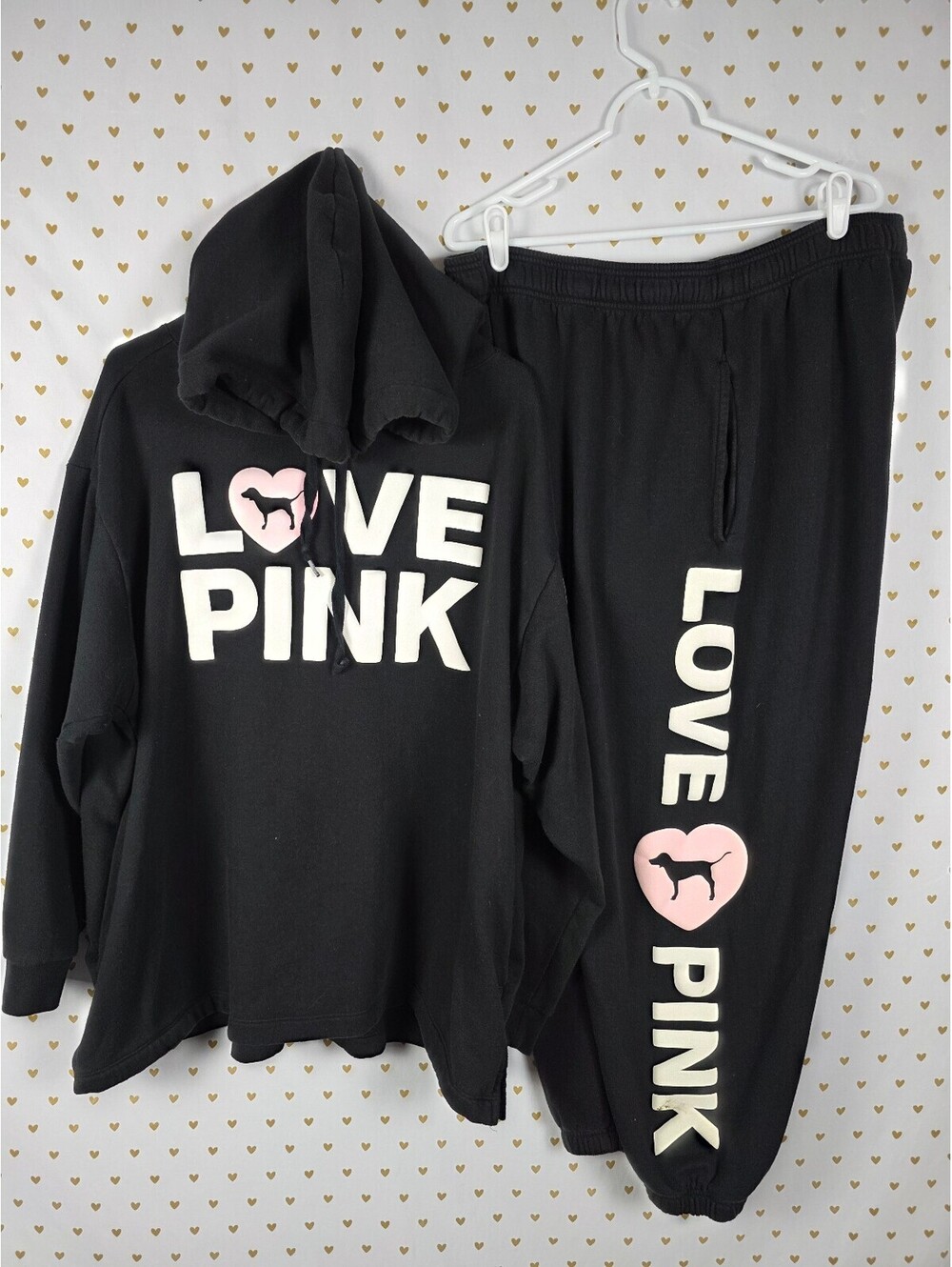 Victoria's Secret PINK LOVE Hoodie Jogger Set Black CAMPUS ORIGINALS XXL 2XL